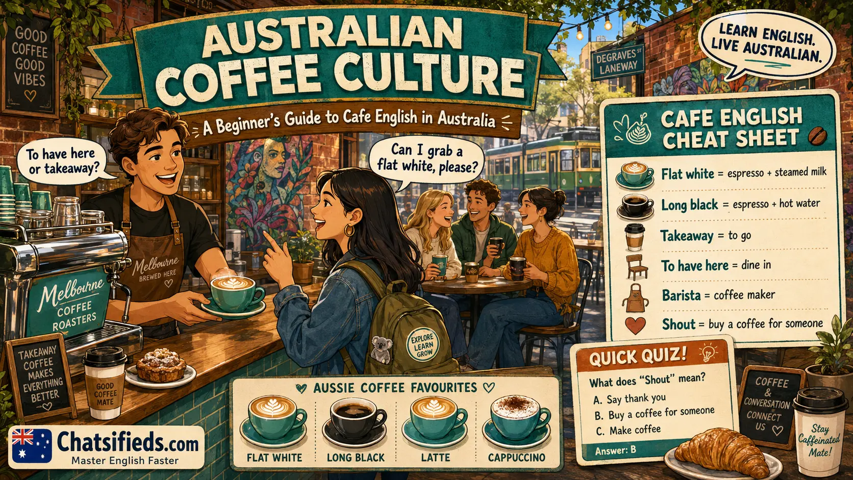 Takeaway Coffee Australian cafe English lesson by Chatsifieds.com for ESL learners