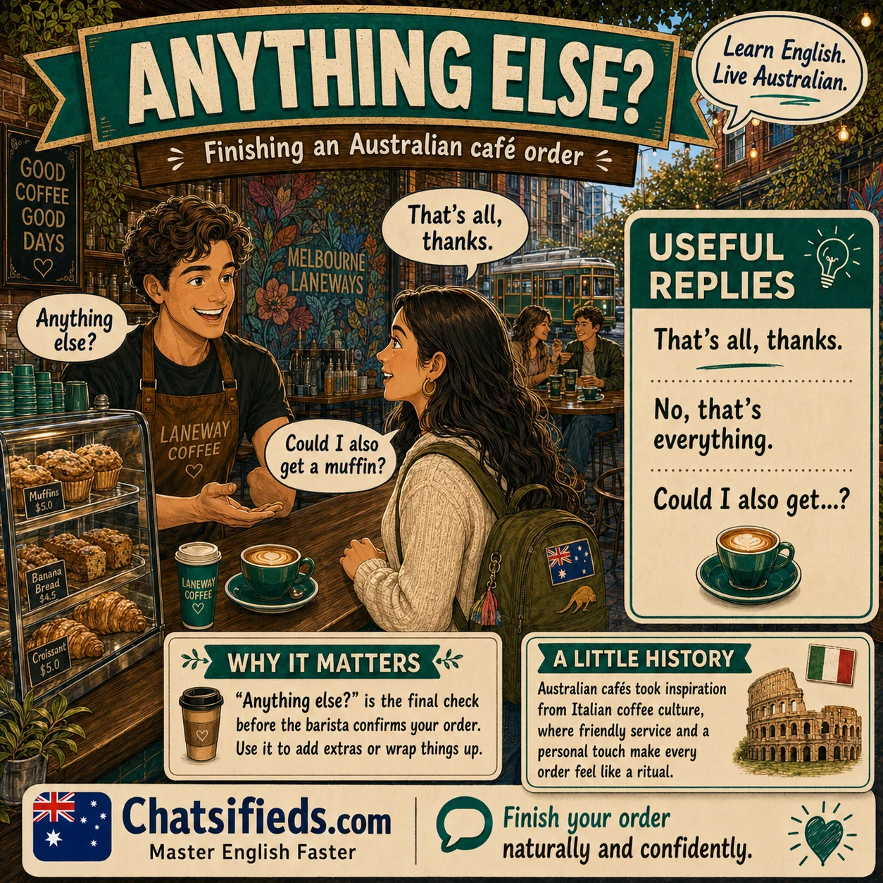 Chatsifieds illustrated Australian café English guide for English learners: Anything Else? Finishing an Australian Cafe Order.