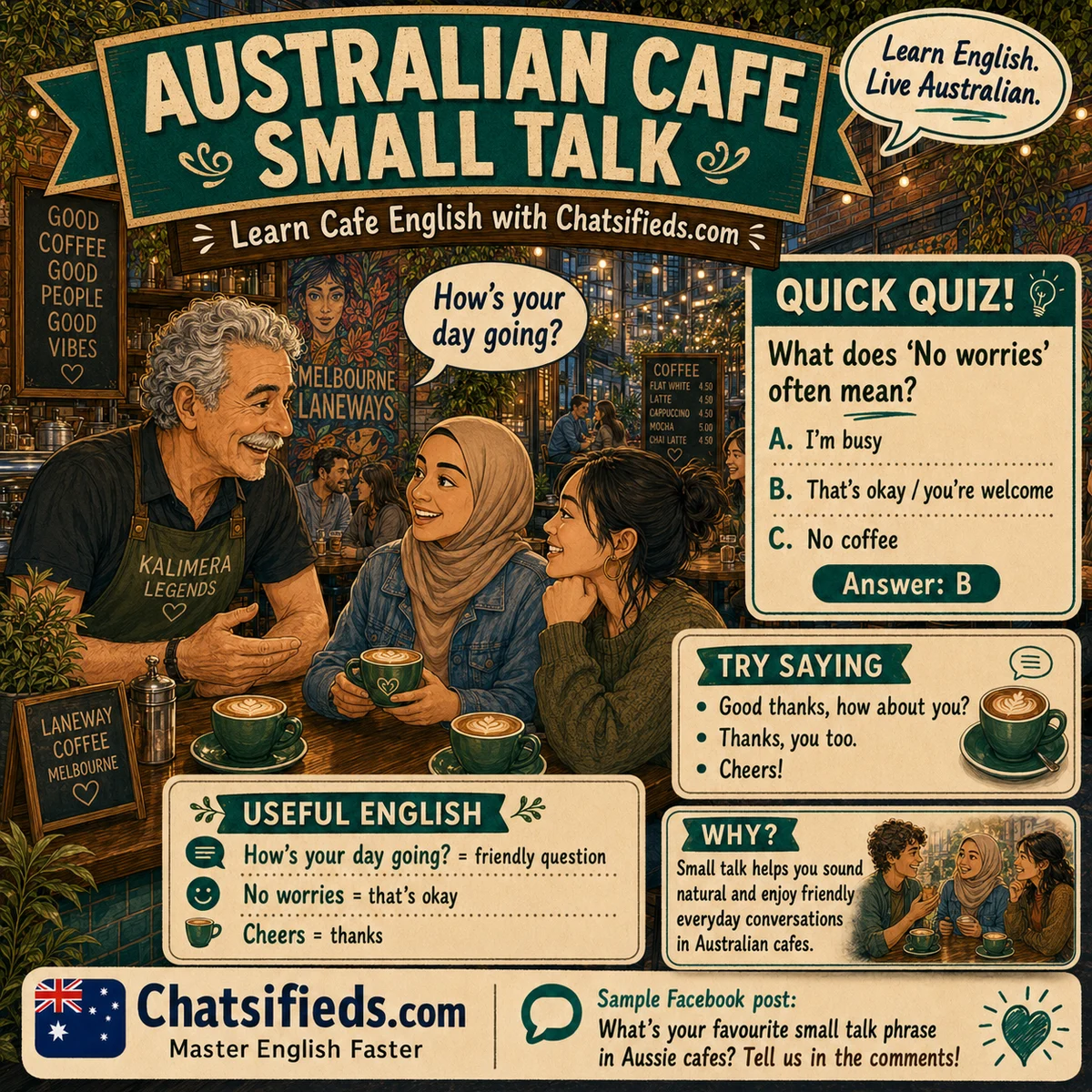 Australian café small talk including no worries and cheers