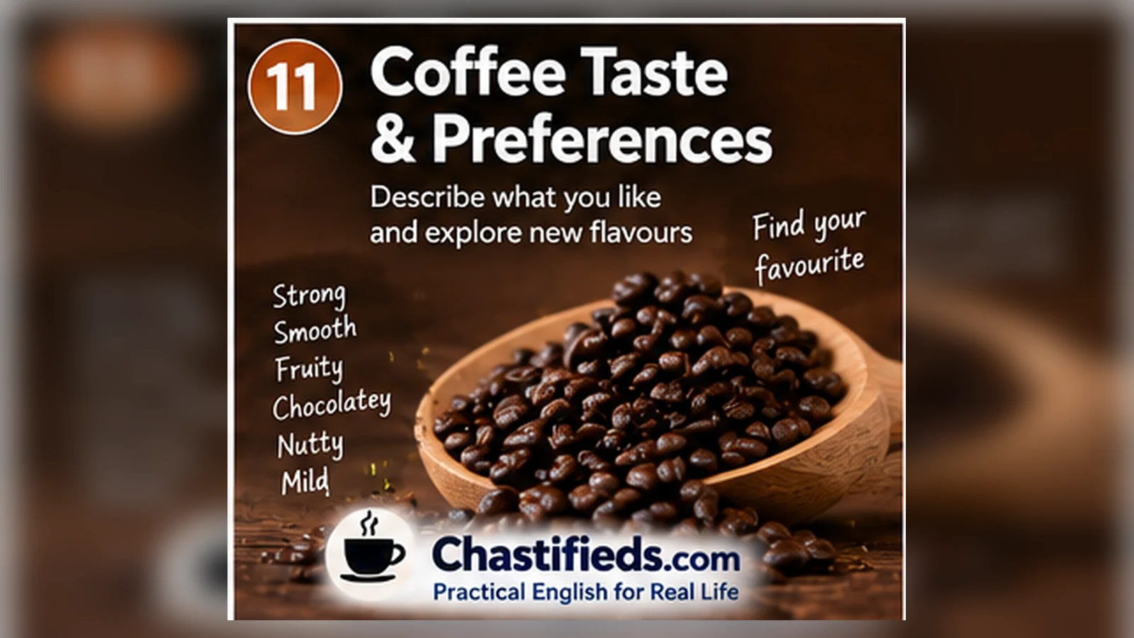 Roasted coffee beans and flavour vocabulary for describing coffee preferences in English by Chatsifieds.com