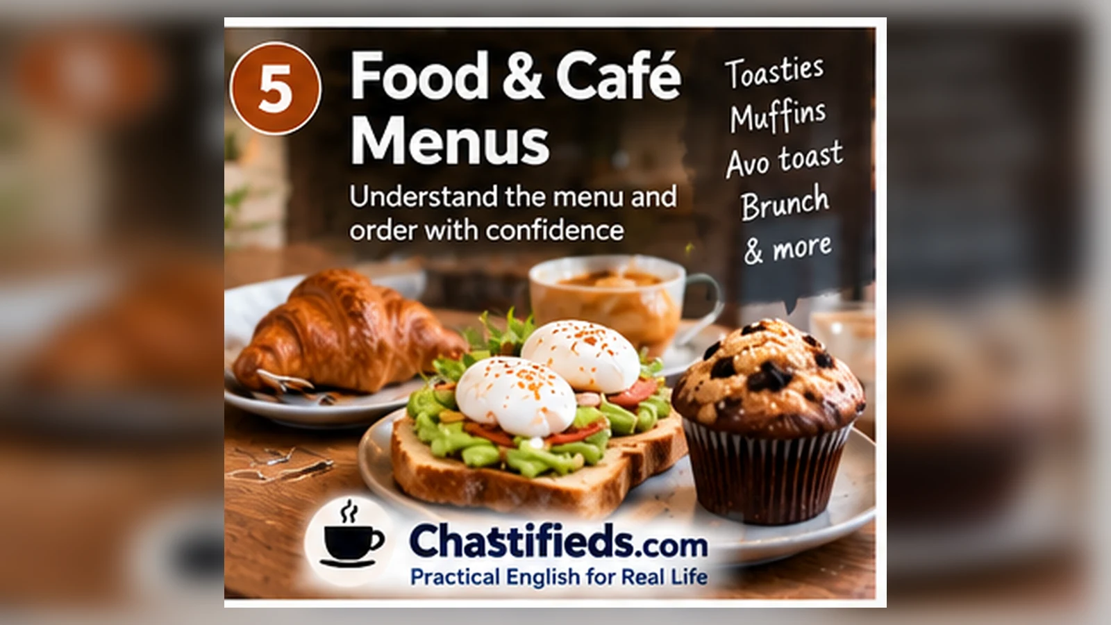 Australian café menu with breakfast food and practical English vocabulary for ESL learners by Chatsifieds.com