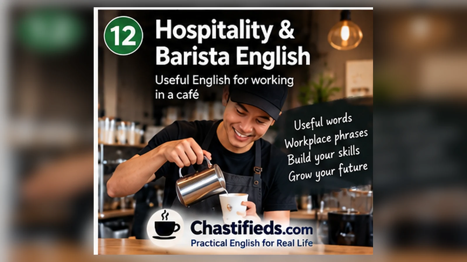 Barista steaming milk while learning workplace and customer-service English with Chatsifieds.com