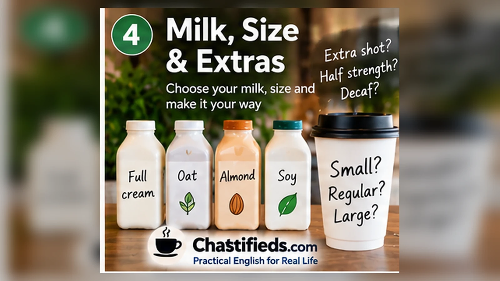 Milk, Size & Extras Coffee English collection by Chatsifieds.com Milk choices coffee sizes and common café extras for Australian English learners by Chatsifieds.com