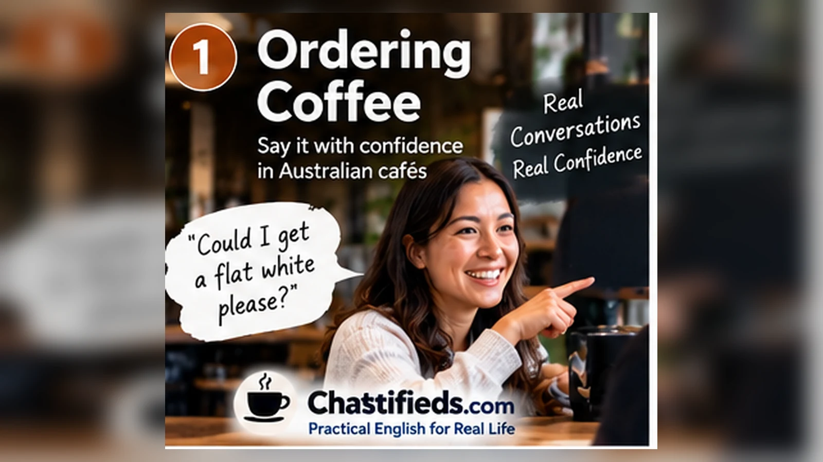 Australian café customer ordering a coffee while practising simple English phrases with Chatsifieds.com