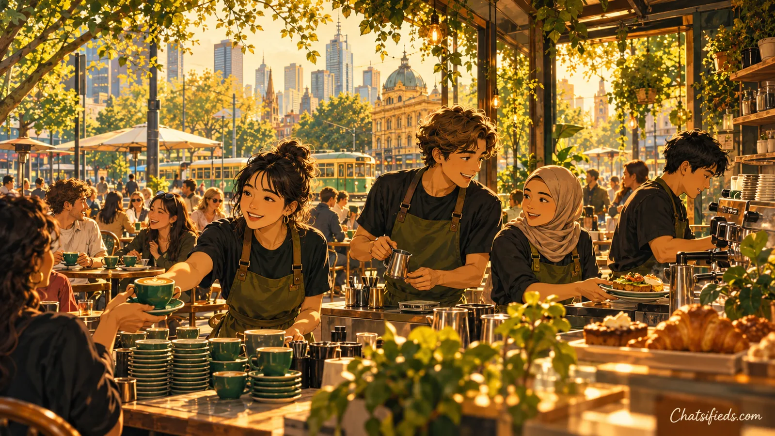 Baristas working together to prepare coffee and serve customers during a busy Melbourne café shift.