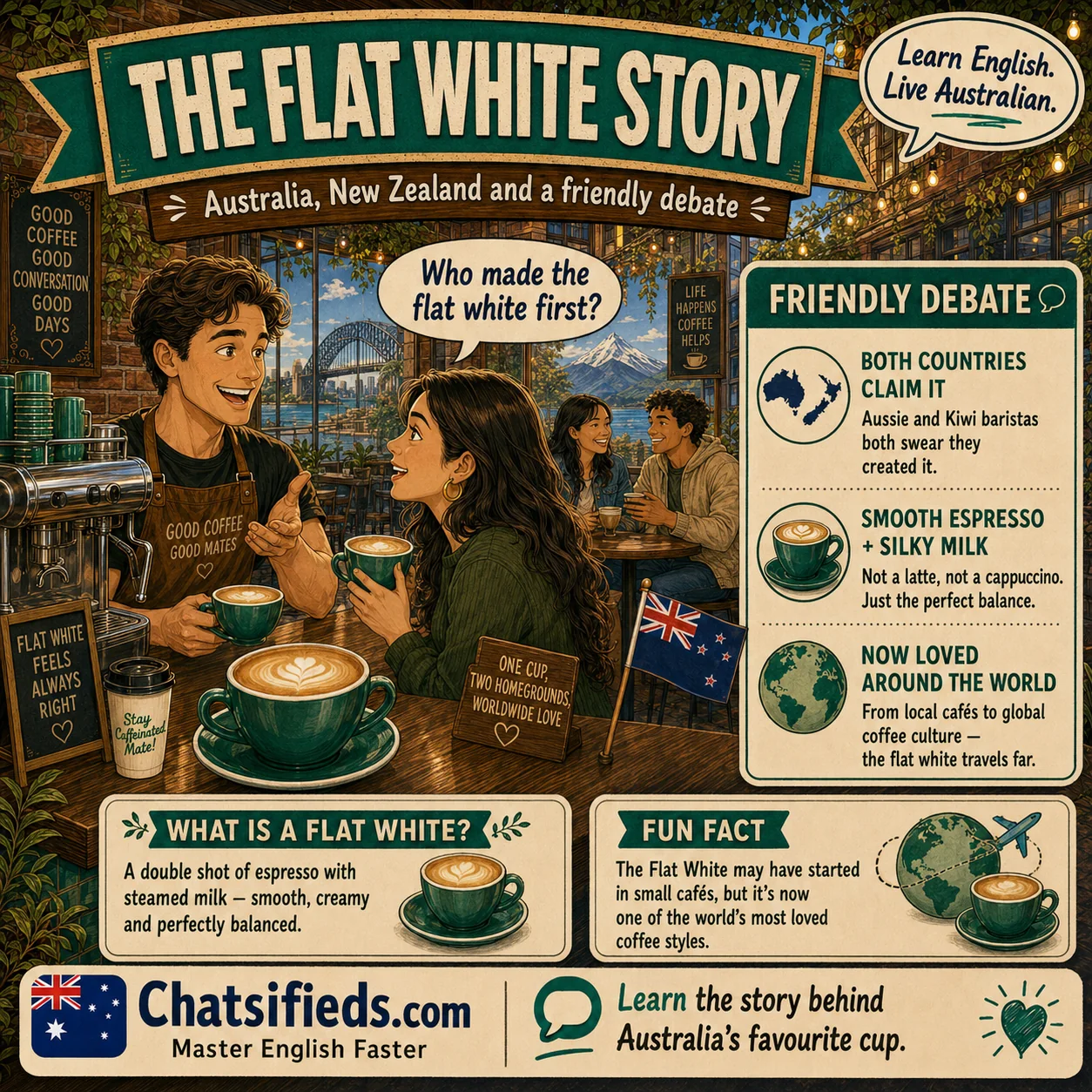 Chatsifieds illustrated Australian café English guide for English learners: The Flat White Story: Australia, New Zealand and a Friendly Debate.