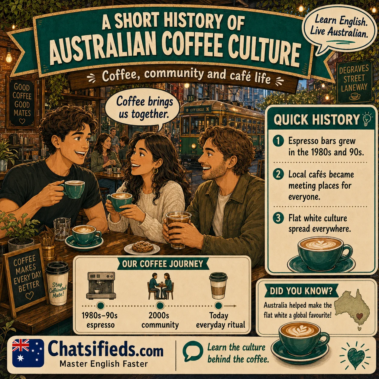 Chatsifieds illustrated Australian café English guide for English learners: A Short History of Australian Coffee Culture.