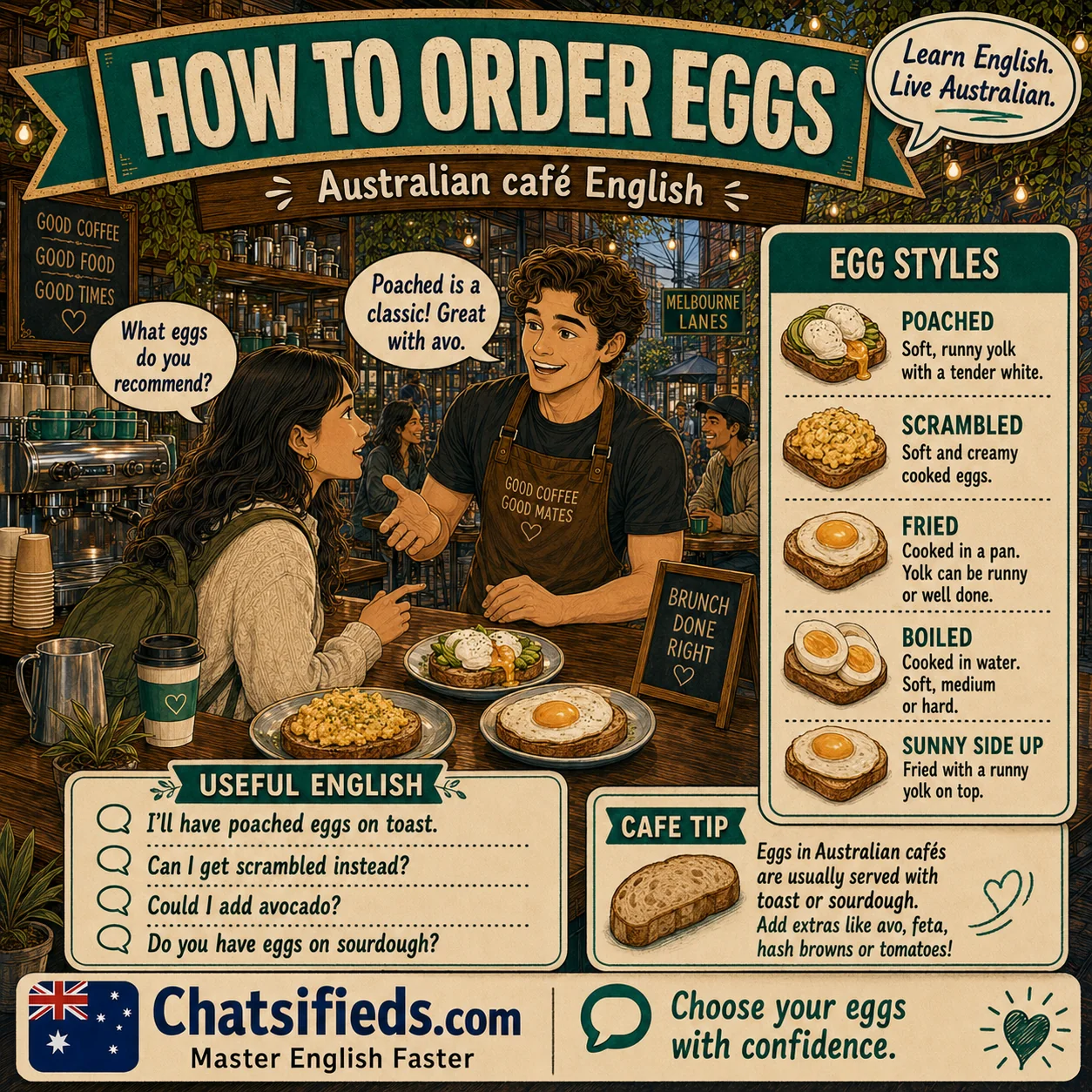 Chatsifieds illustrated Australian café English guide for English learners: How to Order Eggs in an Australian Cafe.