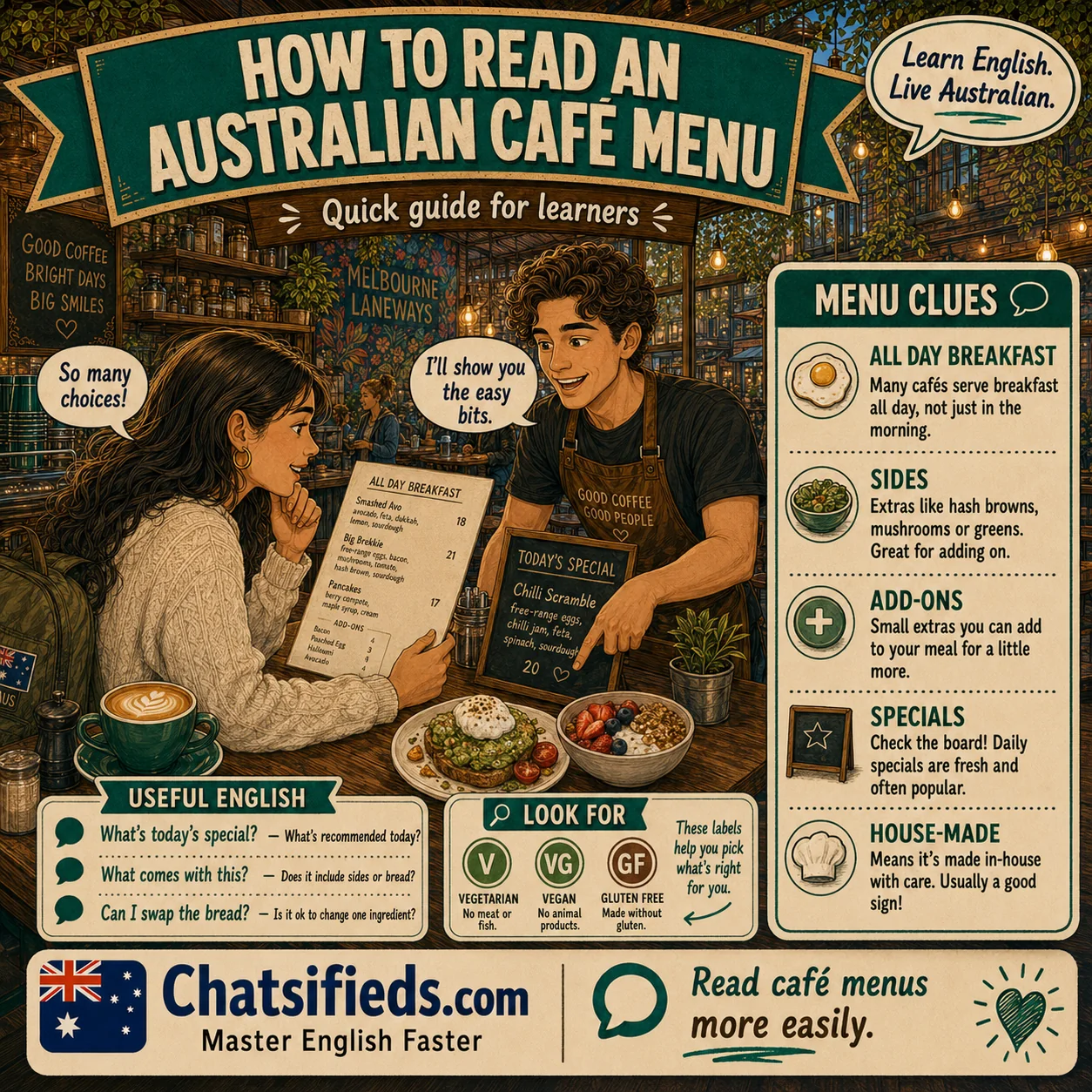 Chatsifieds illustrated Australian café English guide for English learners: How to Read an Australian Cafe Menu.