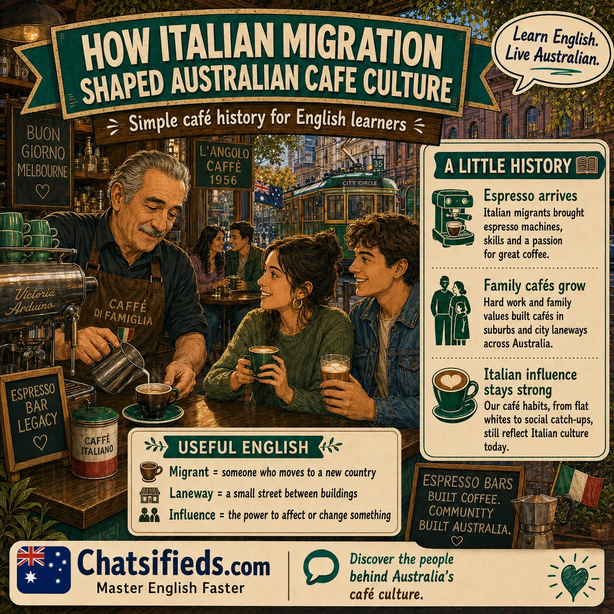 Chatsifieds illustrated Australian café English guide for English learners: How Italian Migration Shaped Australian Cafe Culture.