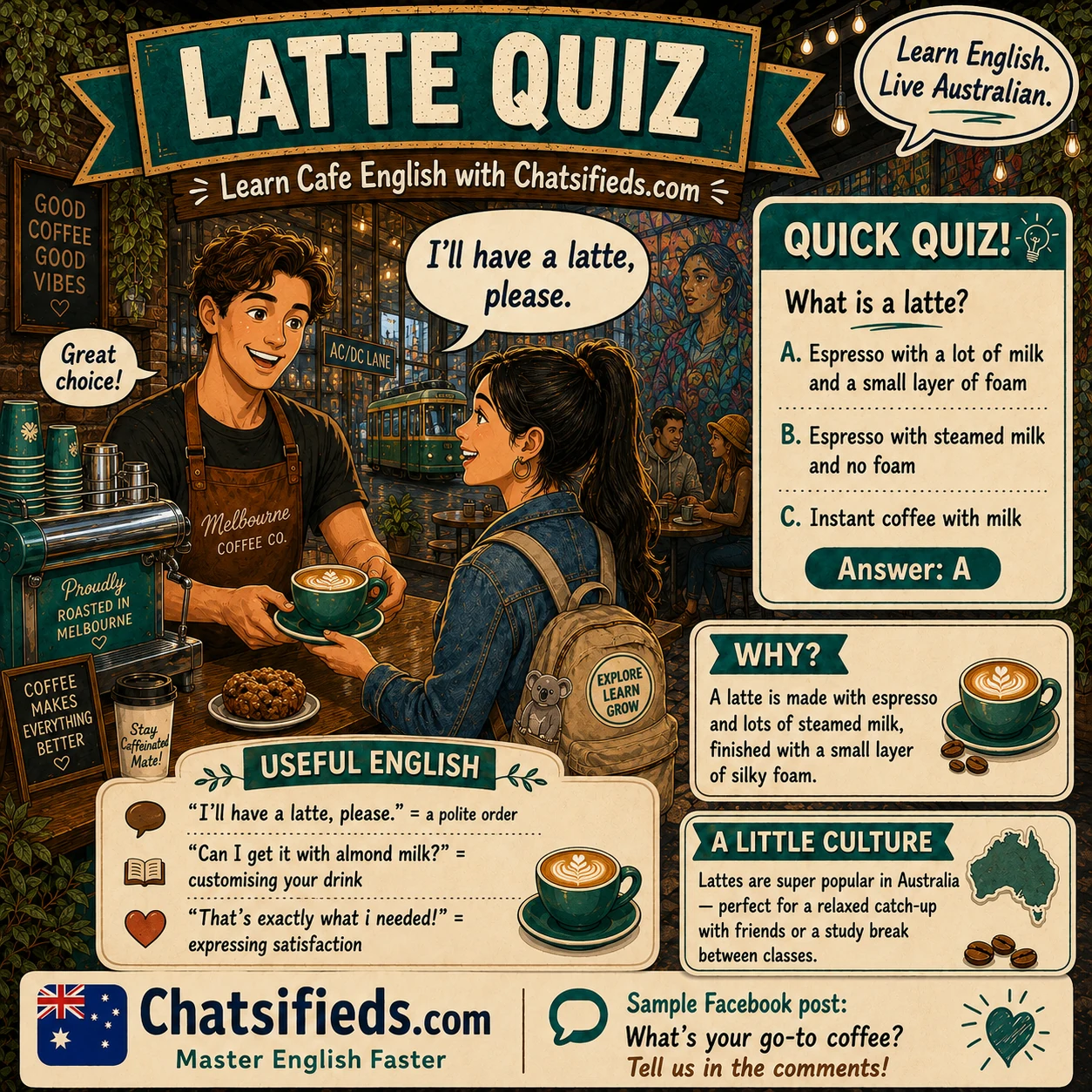 Latte coffee lesson for learning Australian café English