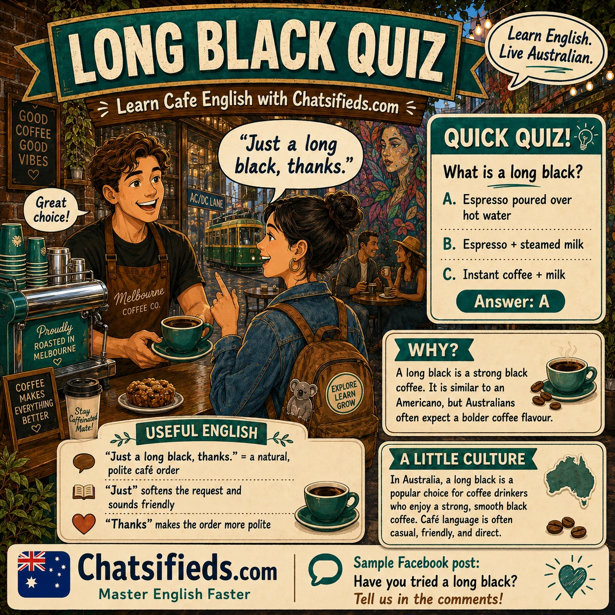 Long black coffee lesson for learning Australian café English