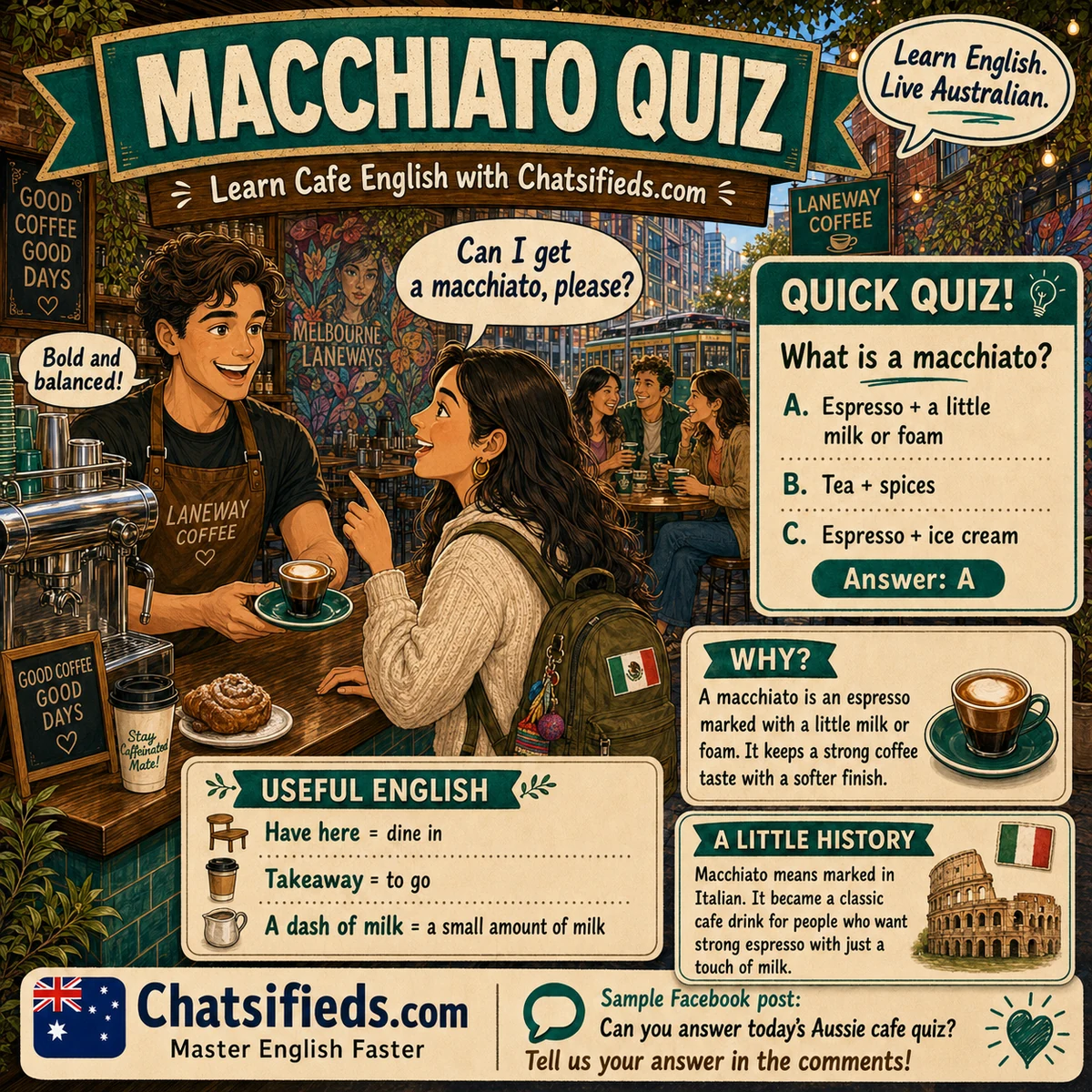 Macchiato coffee Australian café English lesson
