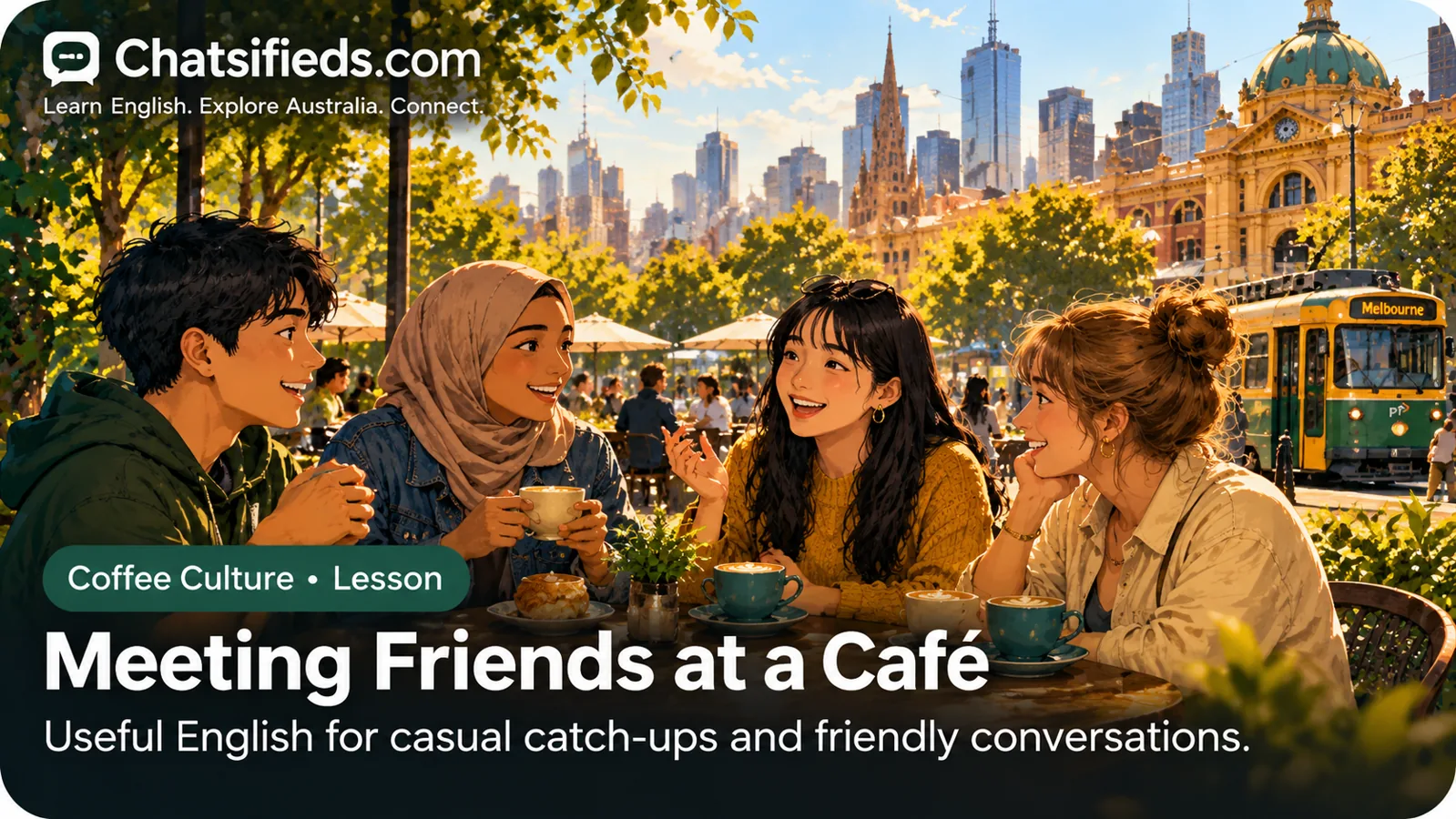 Four friends sharing coffee and a conversation at an outdoor Melbourne café.