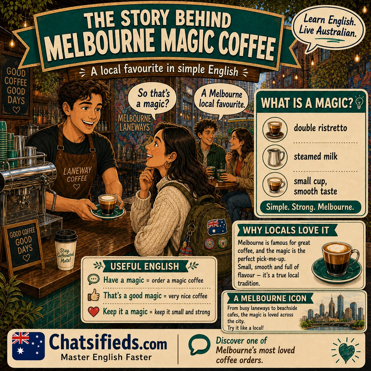Chatsifieds illustrated Australian café English guide for English learners: The Story Behind Melbourne Magic Coffee.