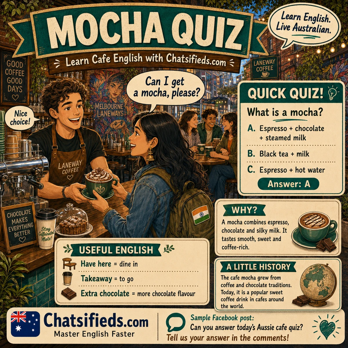 Mocha coffee Australian café English lesson