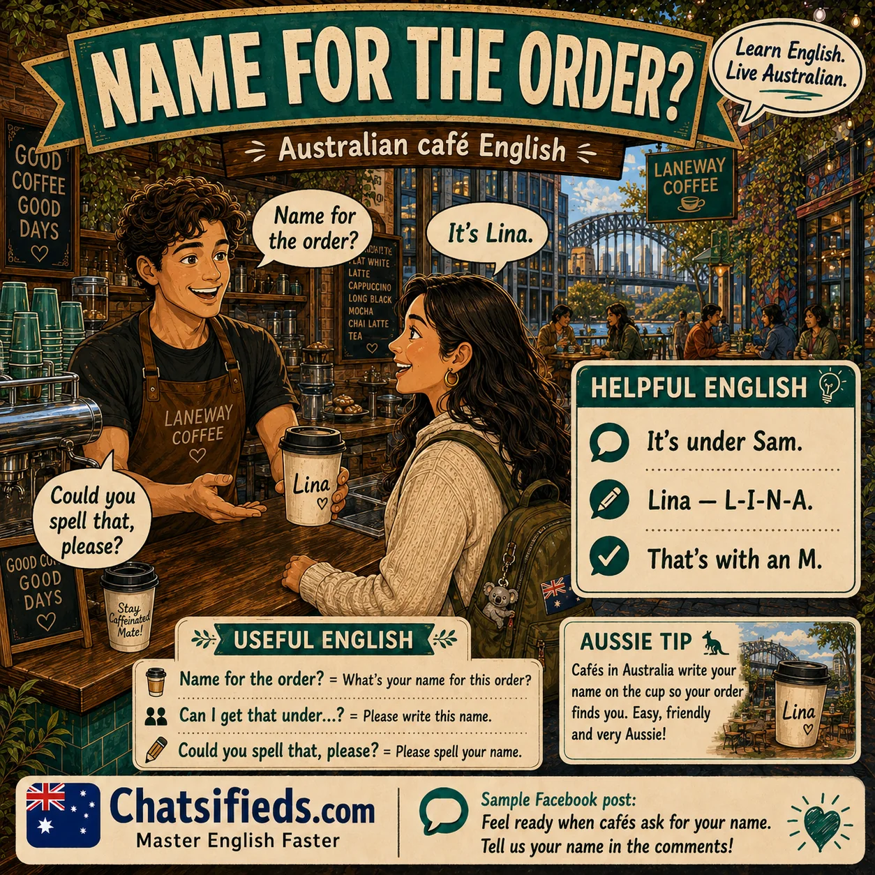 Chatsifieds illustrated Australian café English guide for English learners: Name for the Order? Australian Cafe English.