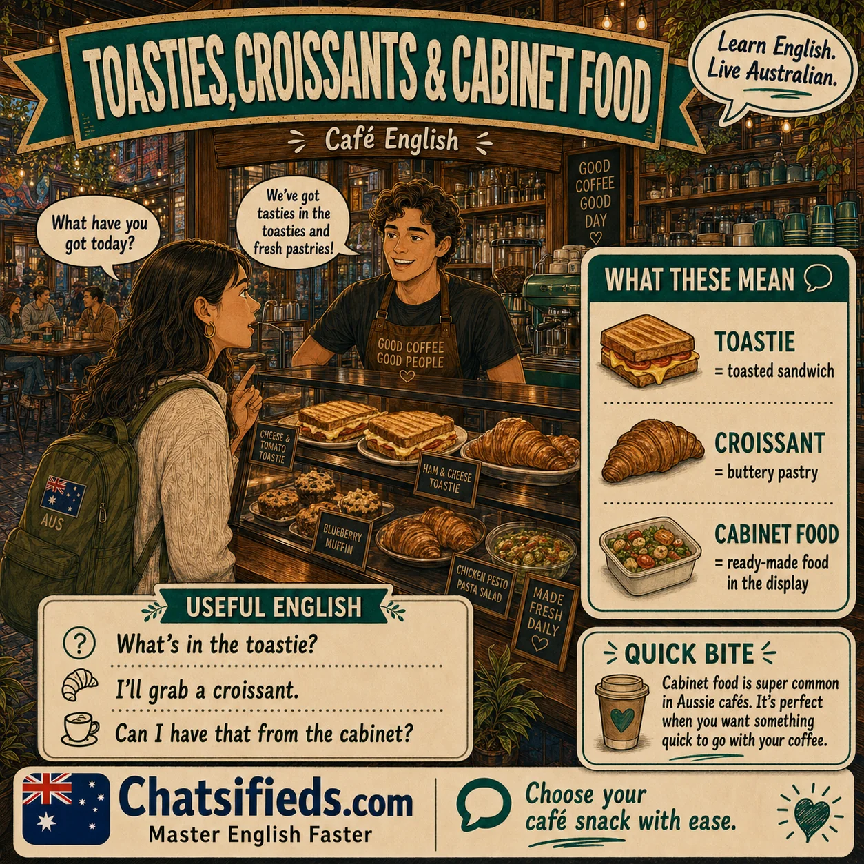 Chatsifieds illustrated Australian café English guide for English learners: Toasties, Croissants and Cabinet Food: Cafe English.