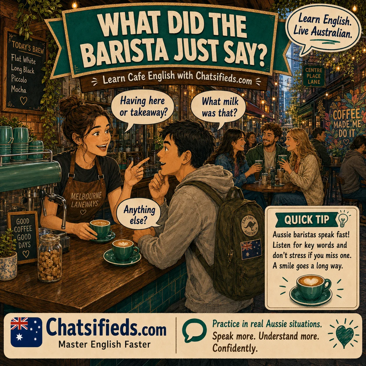 Chatsifieds illustrated Australian café English guide for English learners: What Will the Barista Ask? Australian Cafe English.