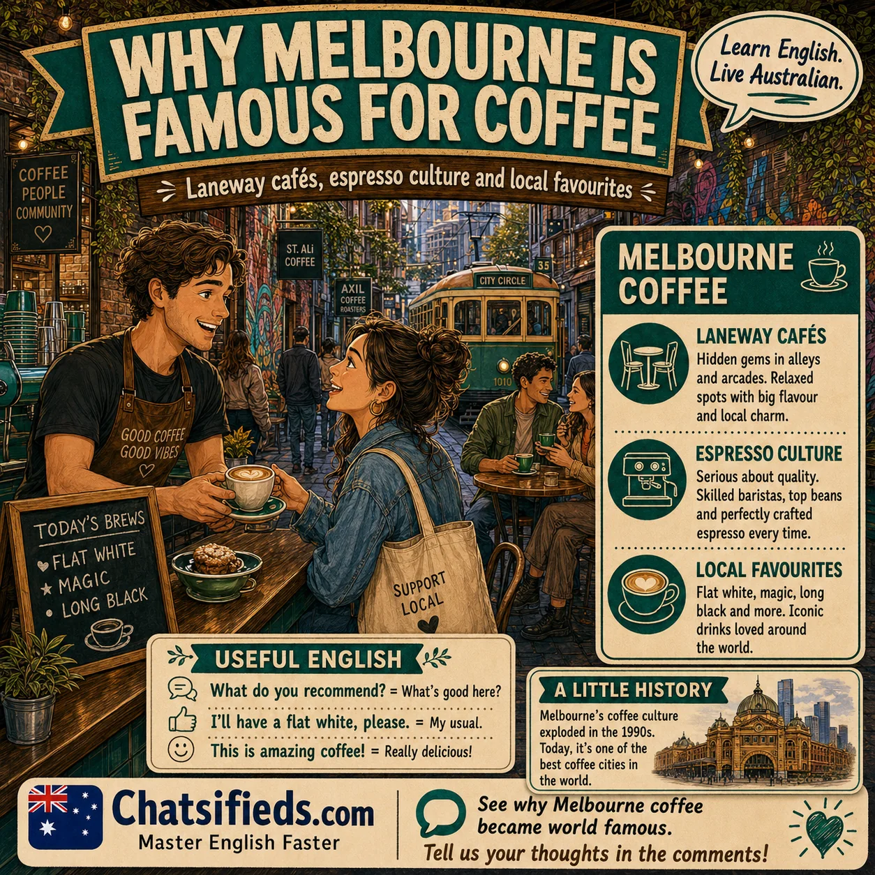 Chatsifieds illustrated Australian café English guide for English learners: Why Is Melbourne Famous for Coffee?.