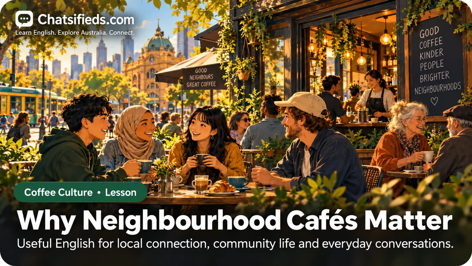 Neighbours of different ages and backgrounds sharing conversation at a welcoming Melbourne café.